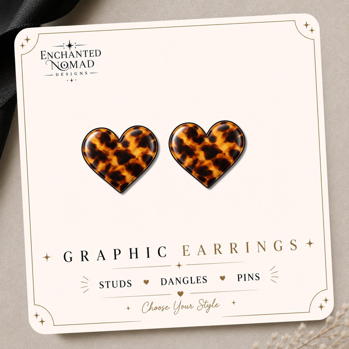 Tortoiseshell Heart Earrings & Pins on original display card