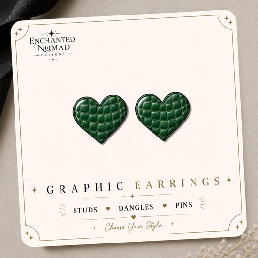 Green Crocodile Heart Earrings & Pins on original display card