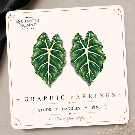 Alocasia Leaf Earrings & Pins on original display card