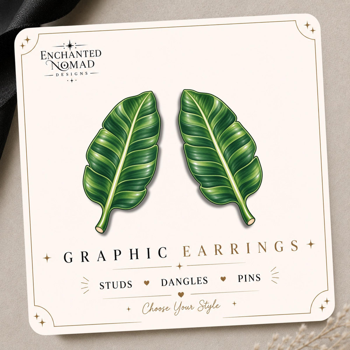 Tropical Banana Leaf Earrings & Pins on original display card