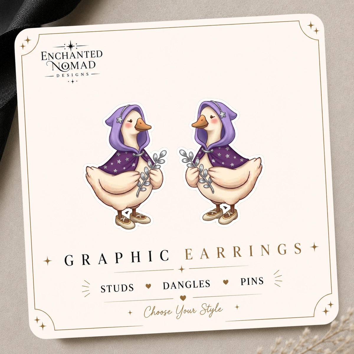 Purple Star Goose Earrings & Pins on original display card