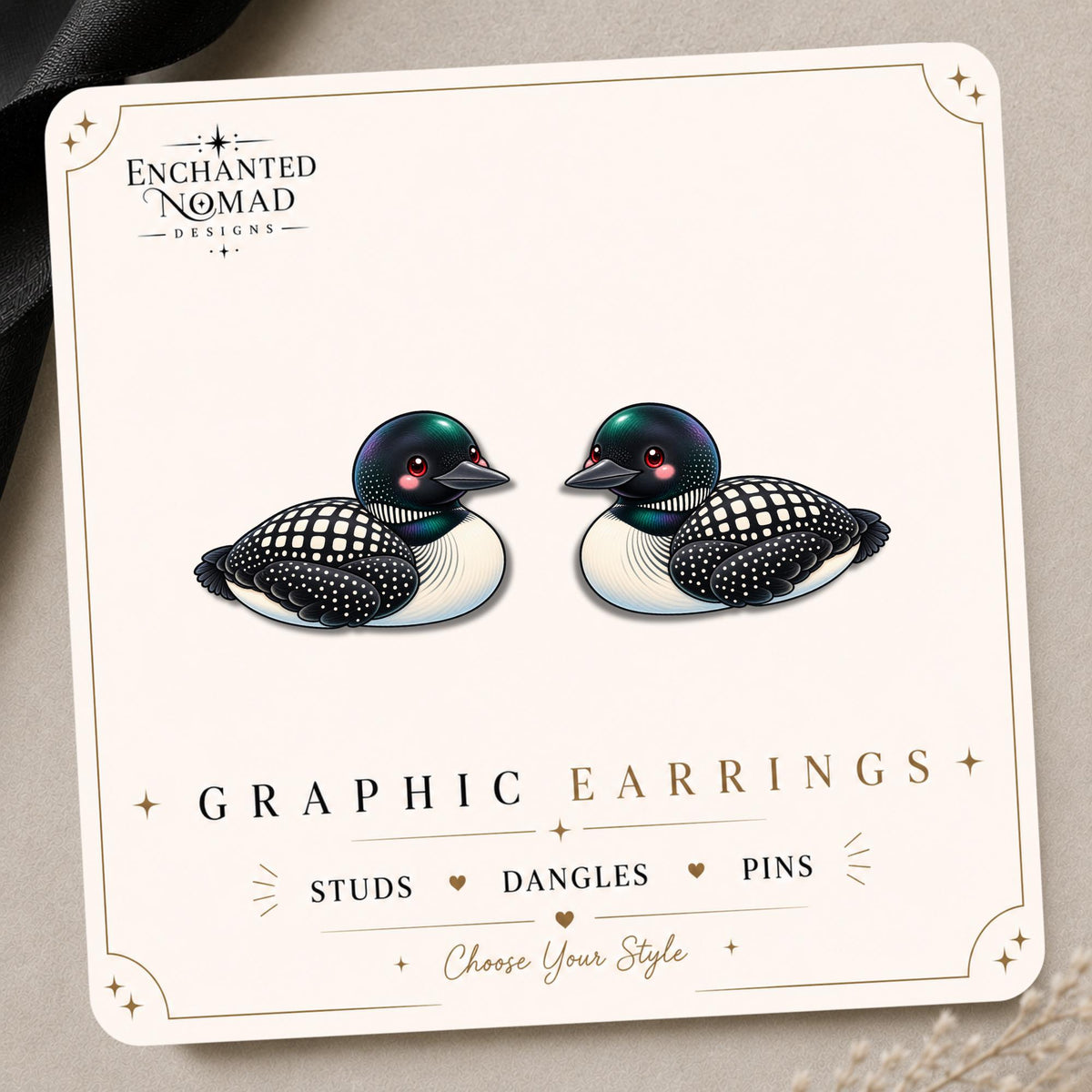 Common Loon Earrings & Pins on original display card