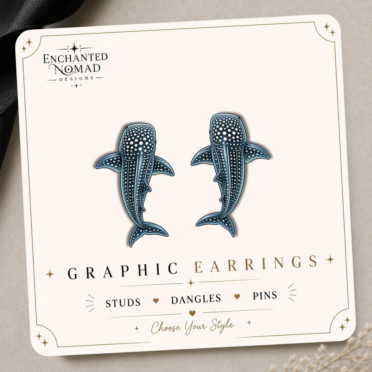 Whale Shark — Straight Design Earrings & Pins on original display card