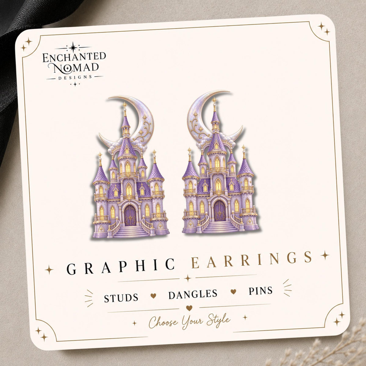 Purple Fantasy Castle Earrings & Pins on original display card