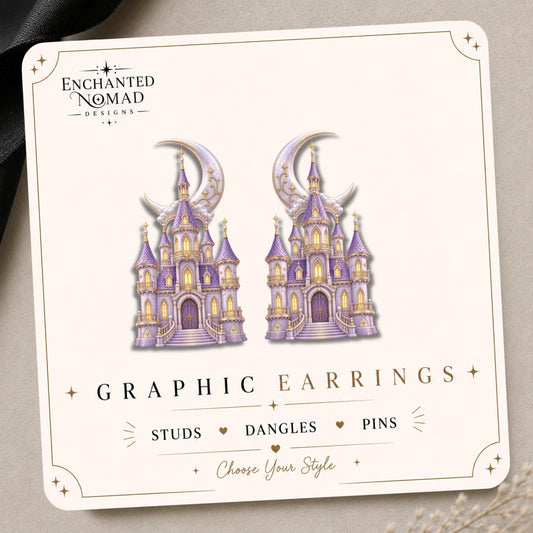 Purple Fantasy Castle Earrings & Pins on original display card