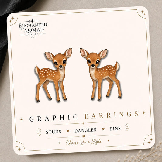 Baby Deer earrings and pins on a branded display card