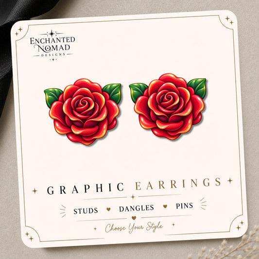 Red Rose Earrings & Pins on a display card