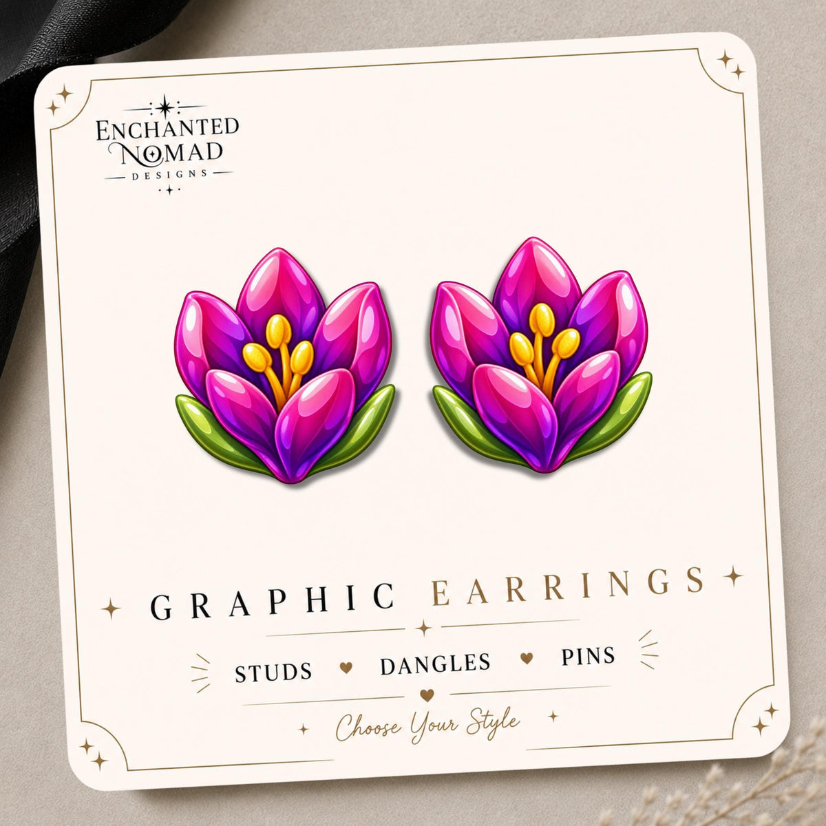 Pink Crocus Flower Earrings & Pins on a display card