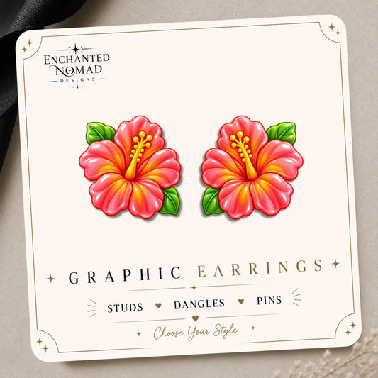 Hibiscus Flower Earrings & Pins on a display card