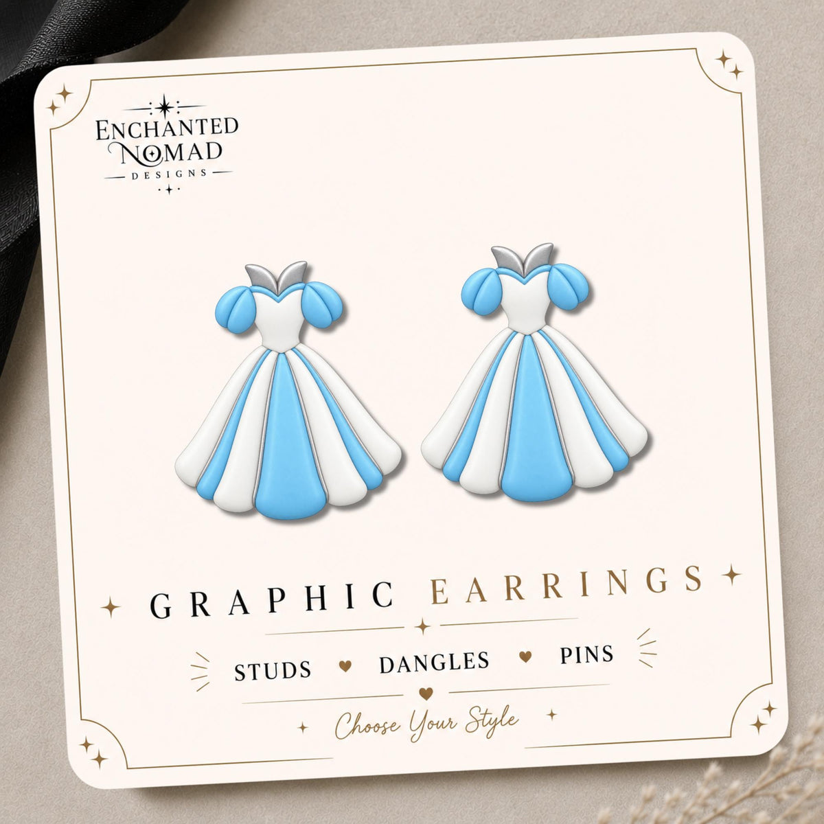 Blue White Princess Dress Earrings & Pins on a display card