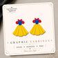 Red Blue Yellow Princess Dress Earrings & Pins on a display card