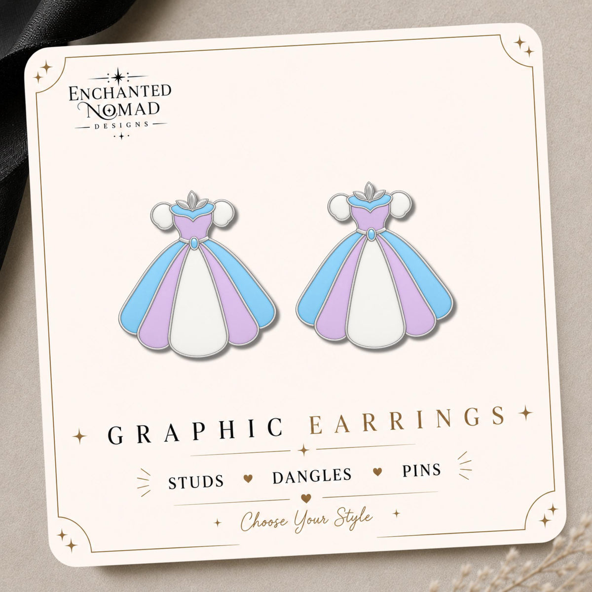 Blue Lavender Princess Dress Earrings & Pins on a display card