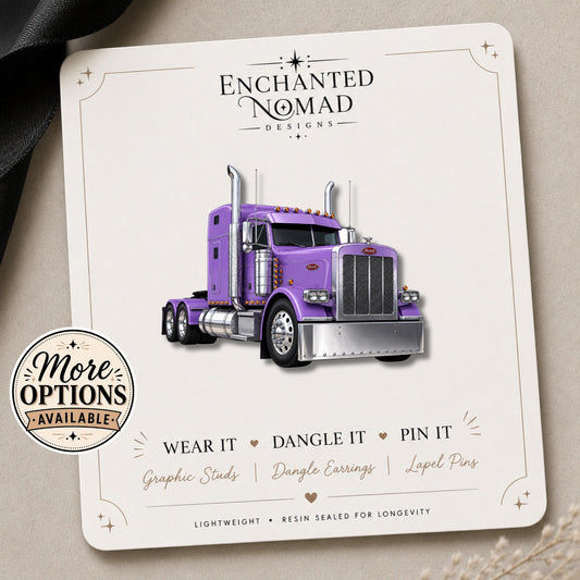 Semi Truck Earrings & Pins on branded display card