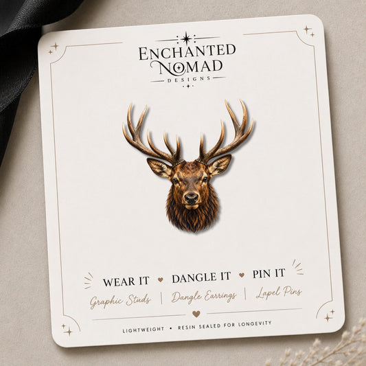 Elk Head Earrings & Pin on a branded display card