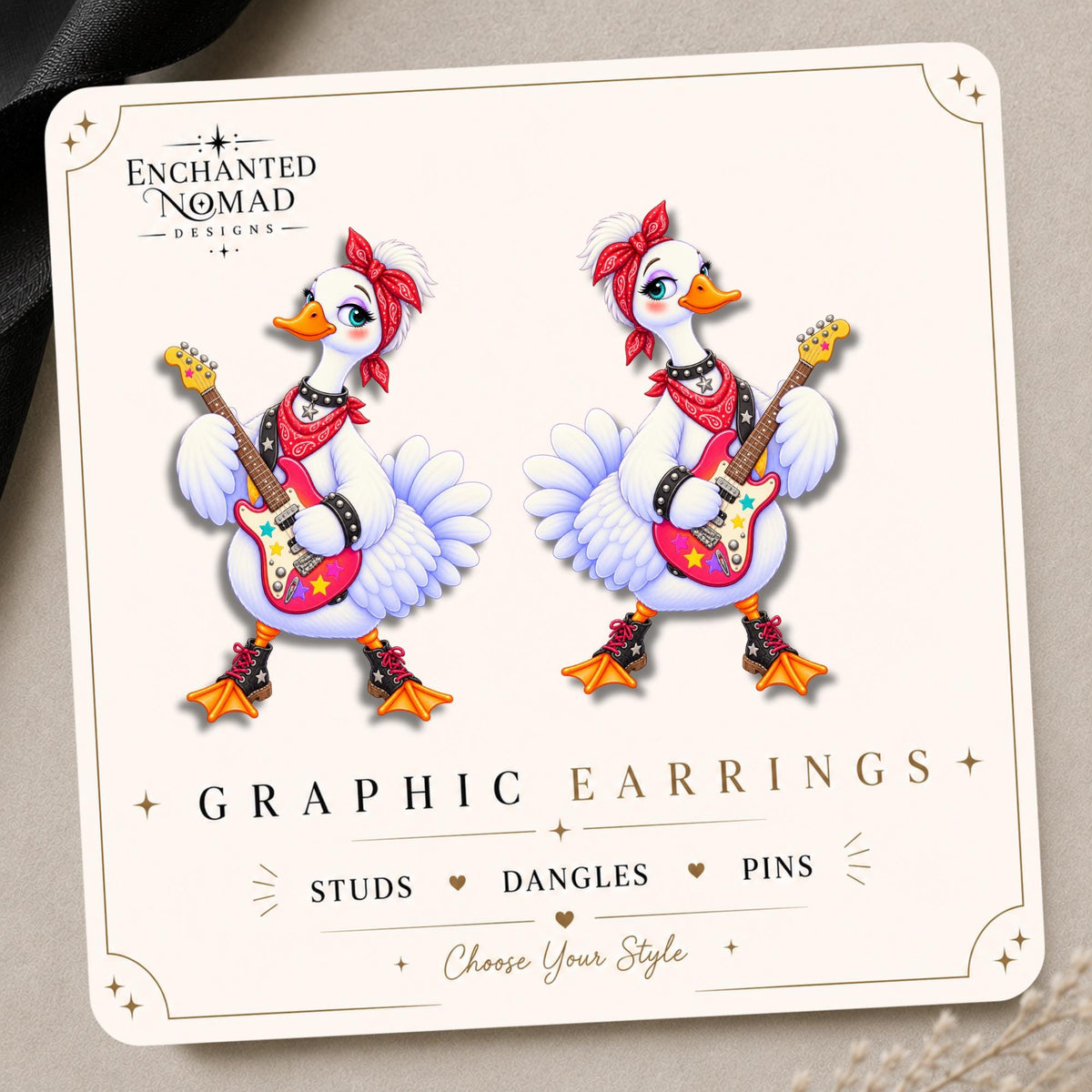 Rock Star Goose Earrings and Pins on a branded display card