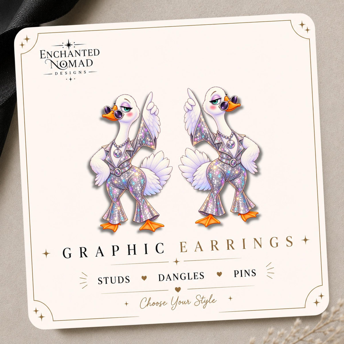 Disco Goose Earrings & Pins on original display card