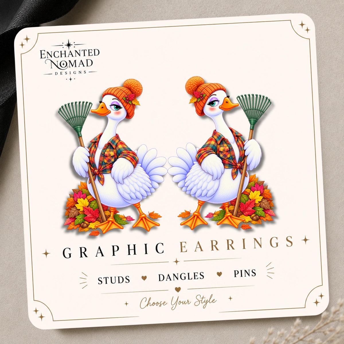 Apple Picking Fox Earrings & Pins on original display card