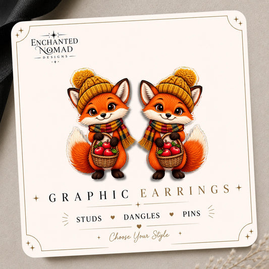 Apple Picking Fox in Knit Hat Earrings & Pins on original display card