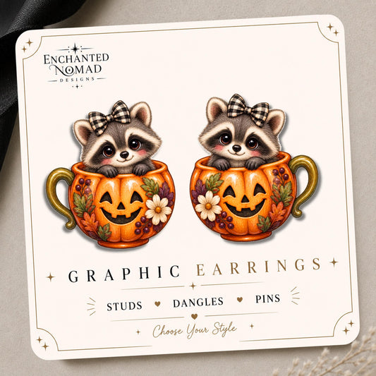Raccoon in Pumpkin Mug Earrings & Pins on original display card