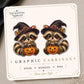 Raccoon with Witch Hat and Candy Bucket Earrings & Pins on original display card