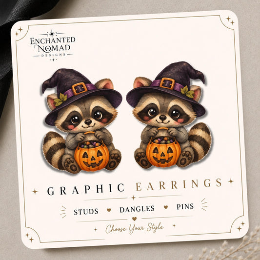 Raccoon with Witch Hat and Candy Bucket Earrings & Pins on original display card