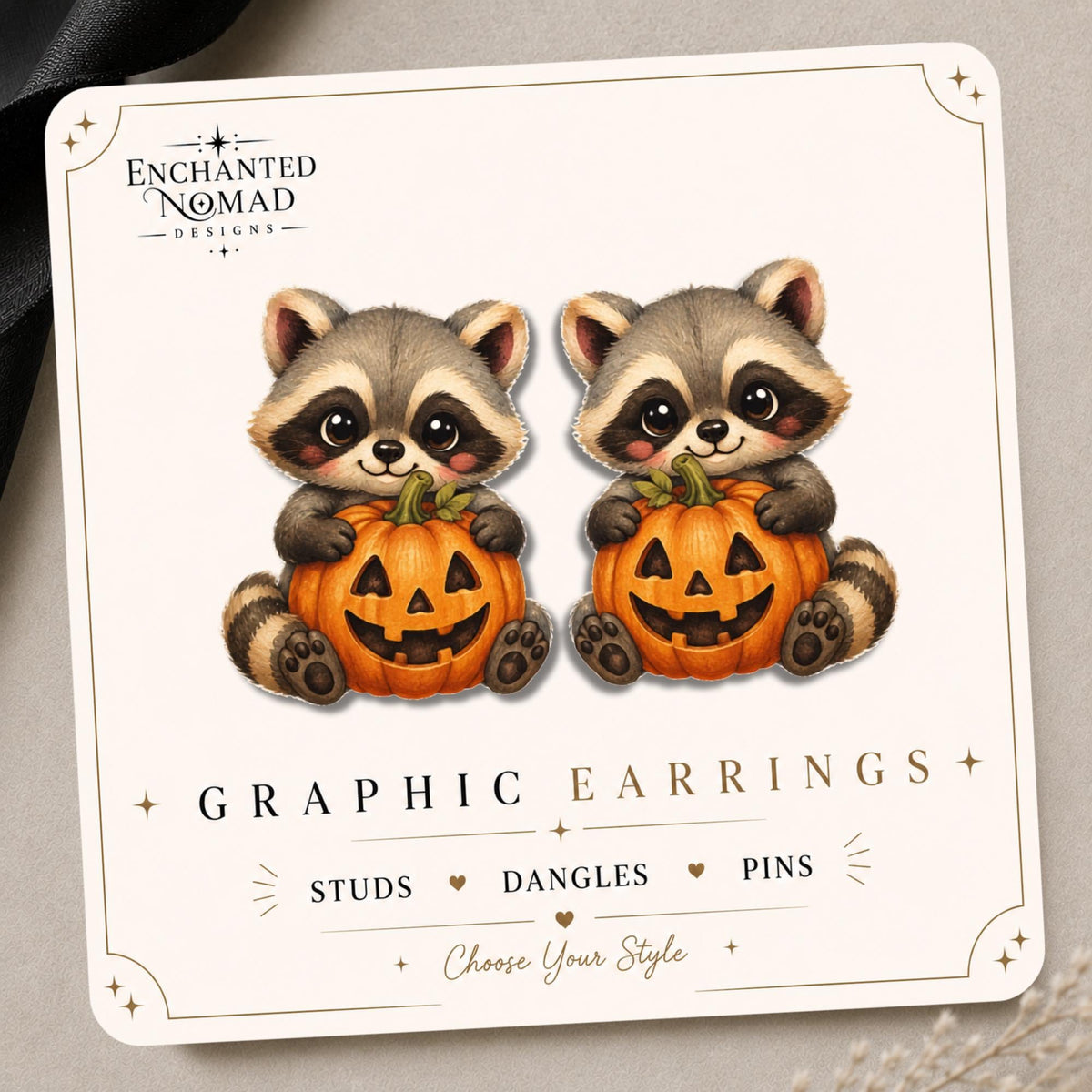 Raccoon with Pumpkin Earrings & Pins on original display card