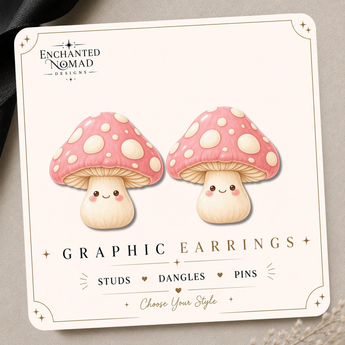 Smiling Pink Toadstool Earrings & Pins on original display card