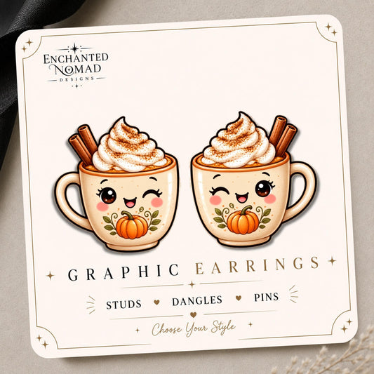 Pumpkin Spice Mug Earrings & Pins on original display card