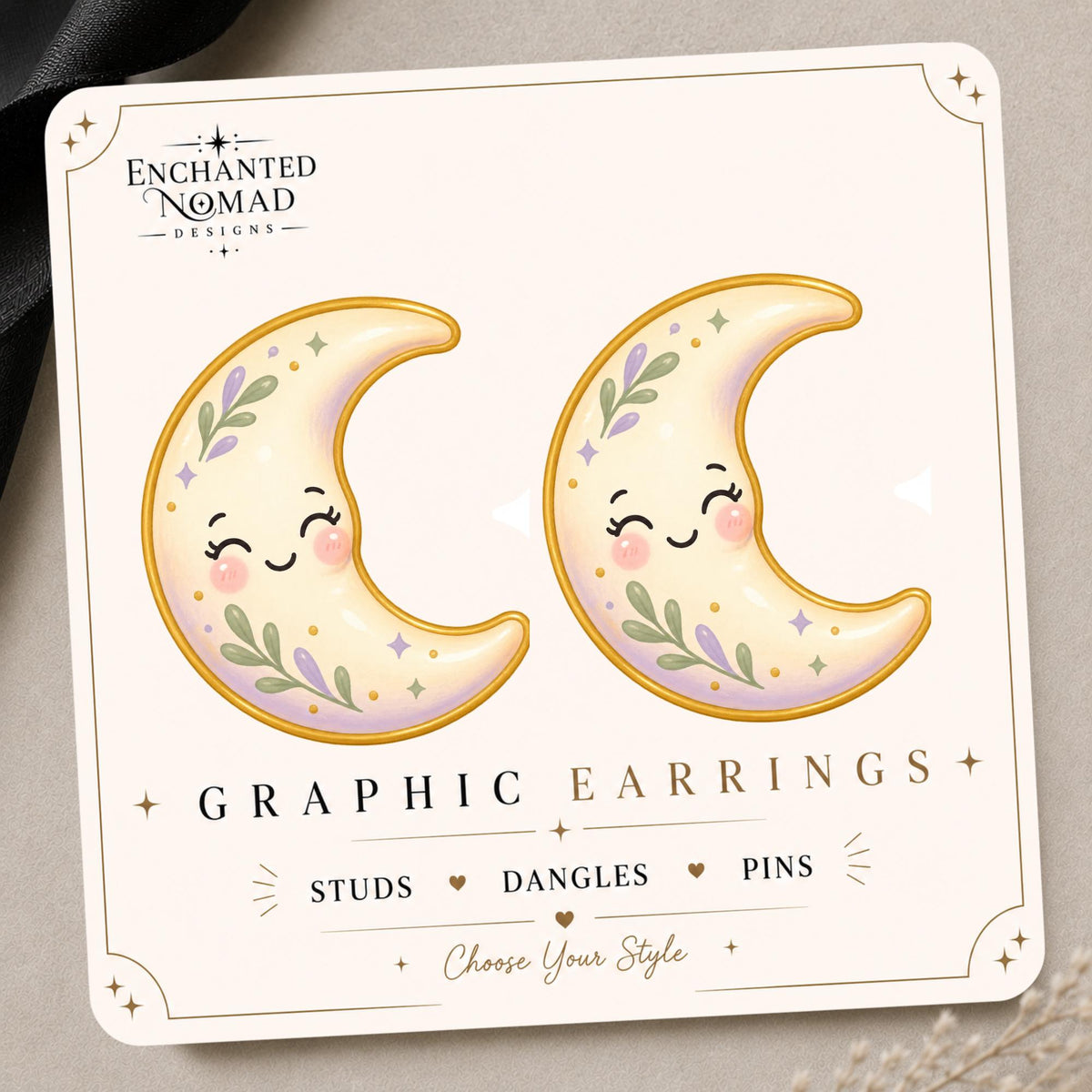Whimsical Crescent Moon Earrings & Pins on original display card