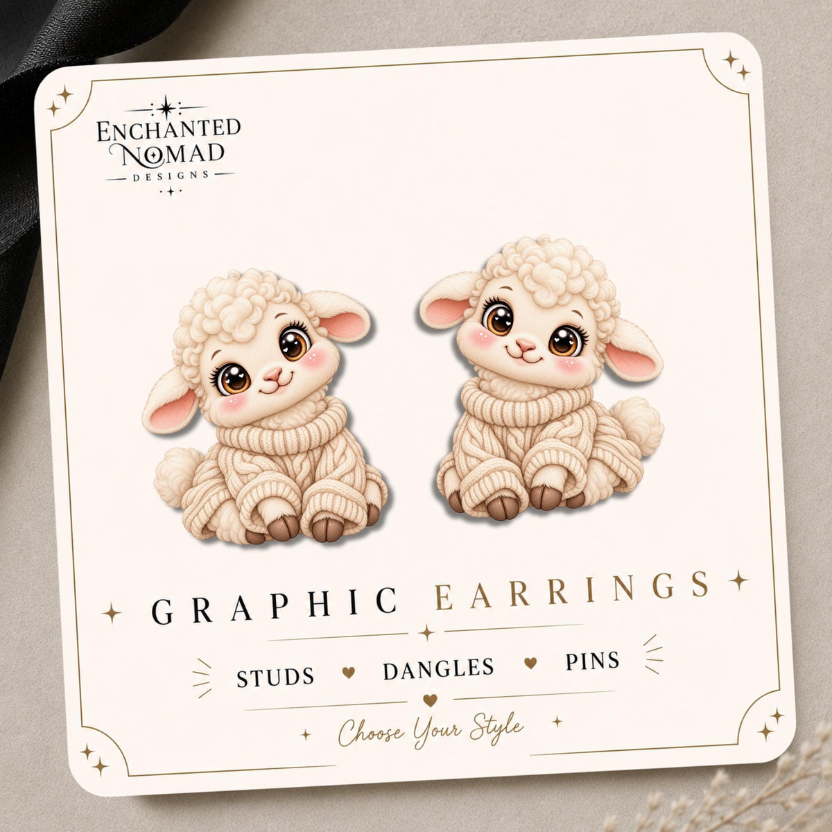 Cozy Lamb in Sweater Earrings & Pins on original display card