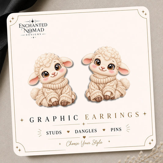 Cozy Lamb in Sweater Earrings & Pins on original display card