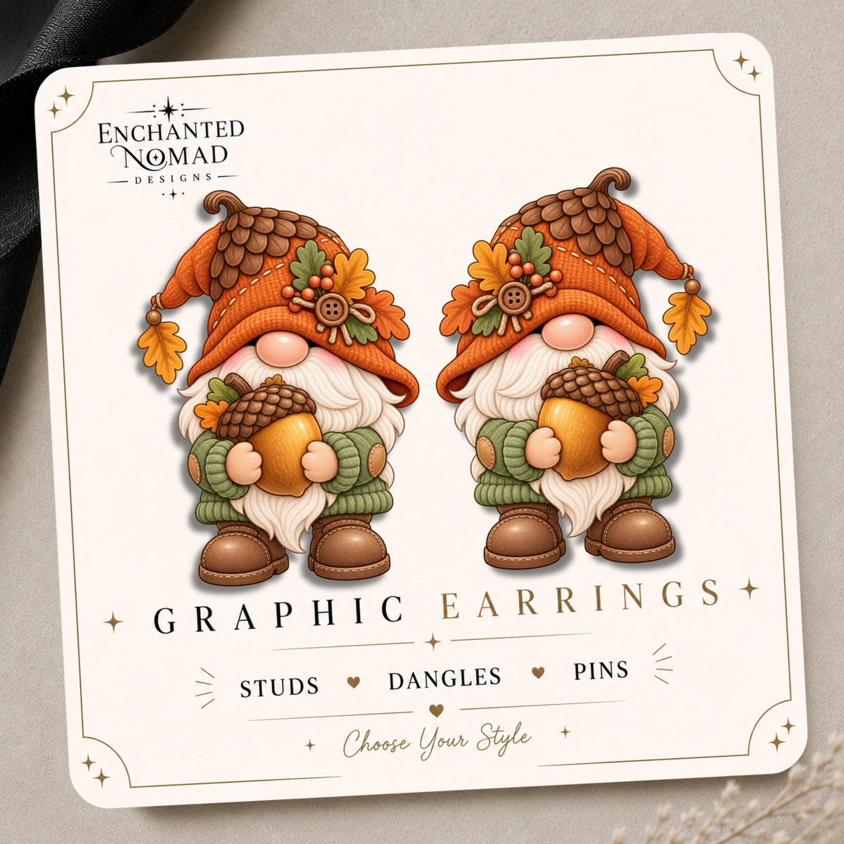Acorn Gnome Earrings & Pins on original display card