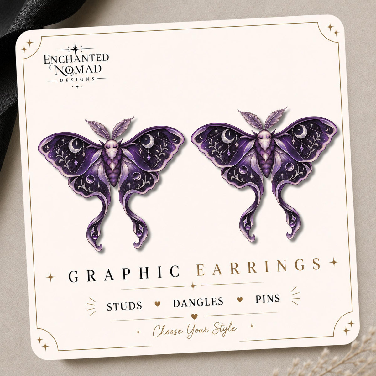 Purple Celestial Luna Moth Earrings & Pins on original display card