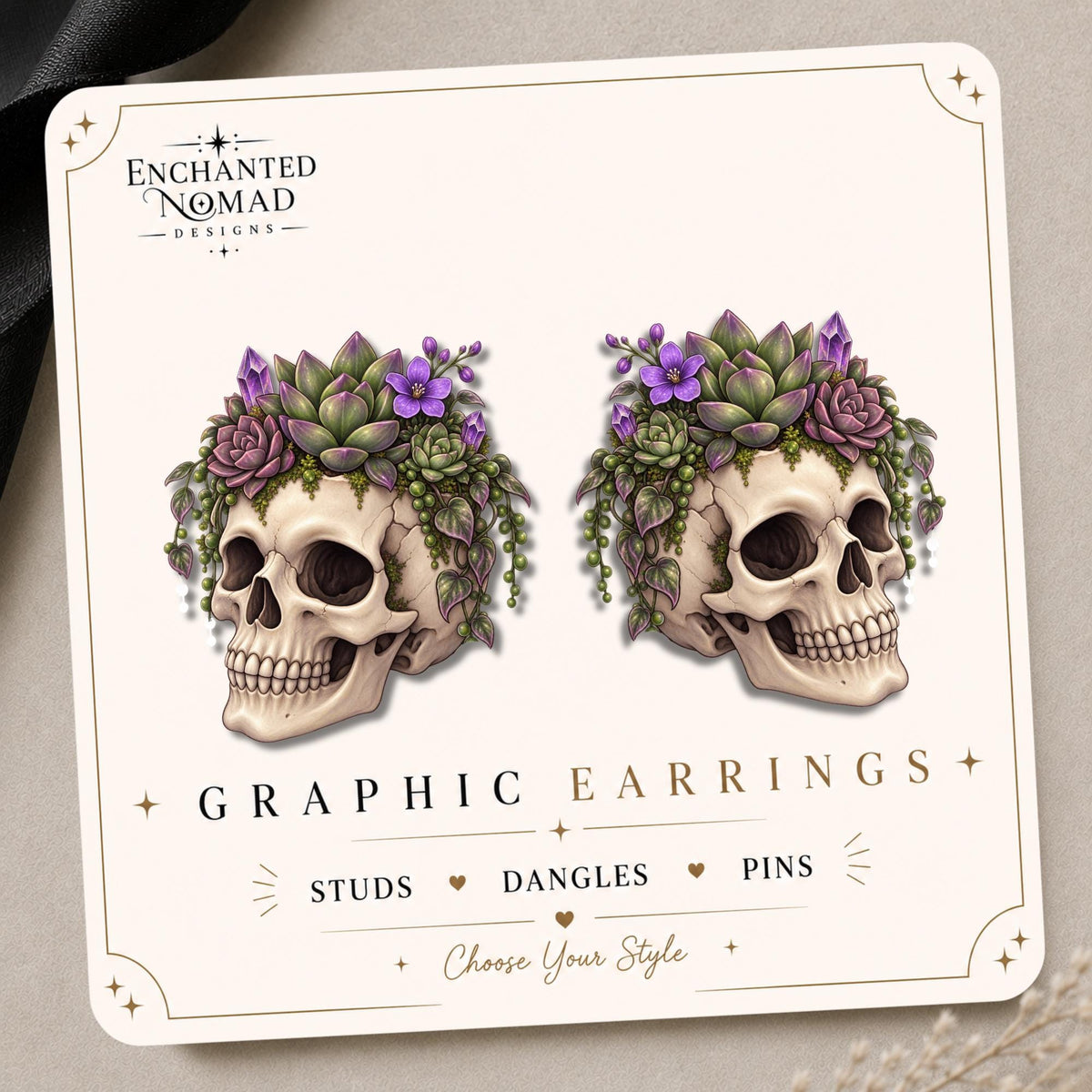 Succulent Skull with Purple Crystals Earrings & Pins on original display card