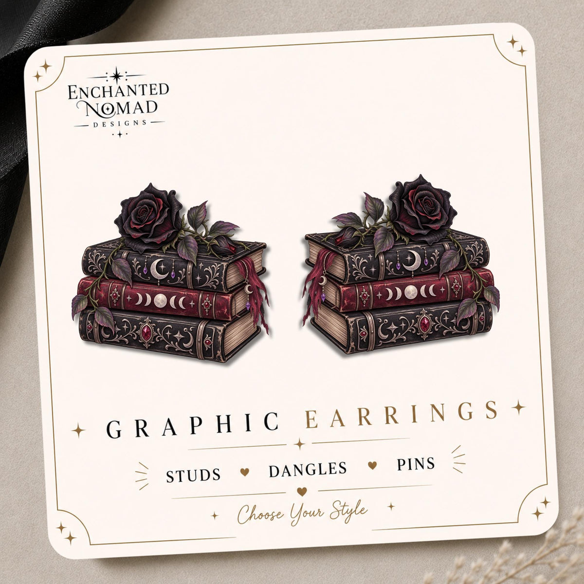 Gothic Black Rose Books Earrings & Pins on original display card