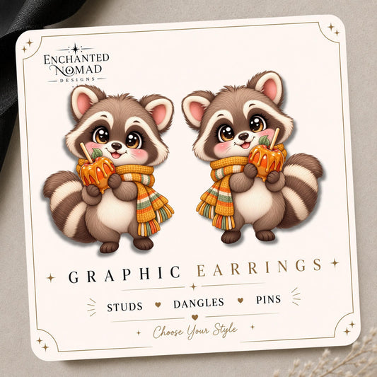 Caramel Apple Raccoon Earrings & Pins on original display card