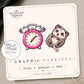 Opossum and Alarm Clock Earrings & Pins on a display card