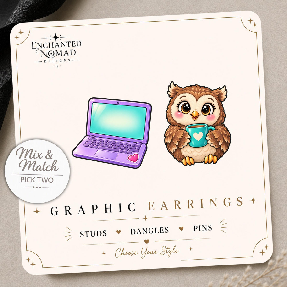Work From Home Owl and Laptop Earrings & Pins on a display card
