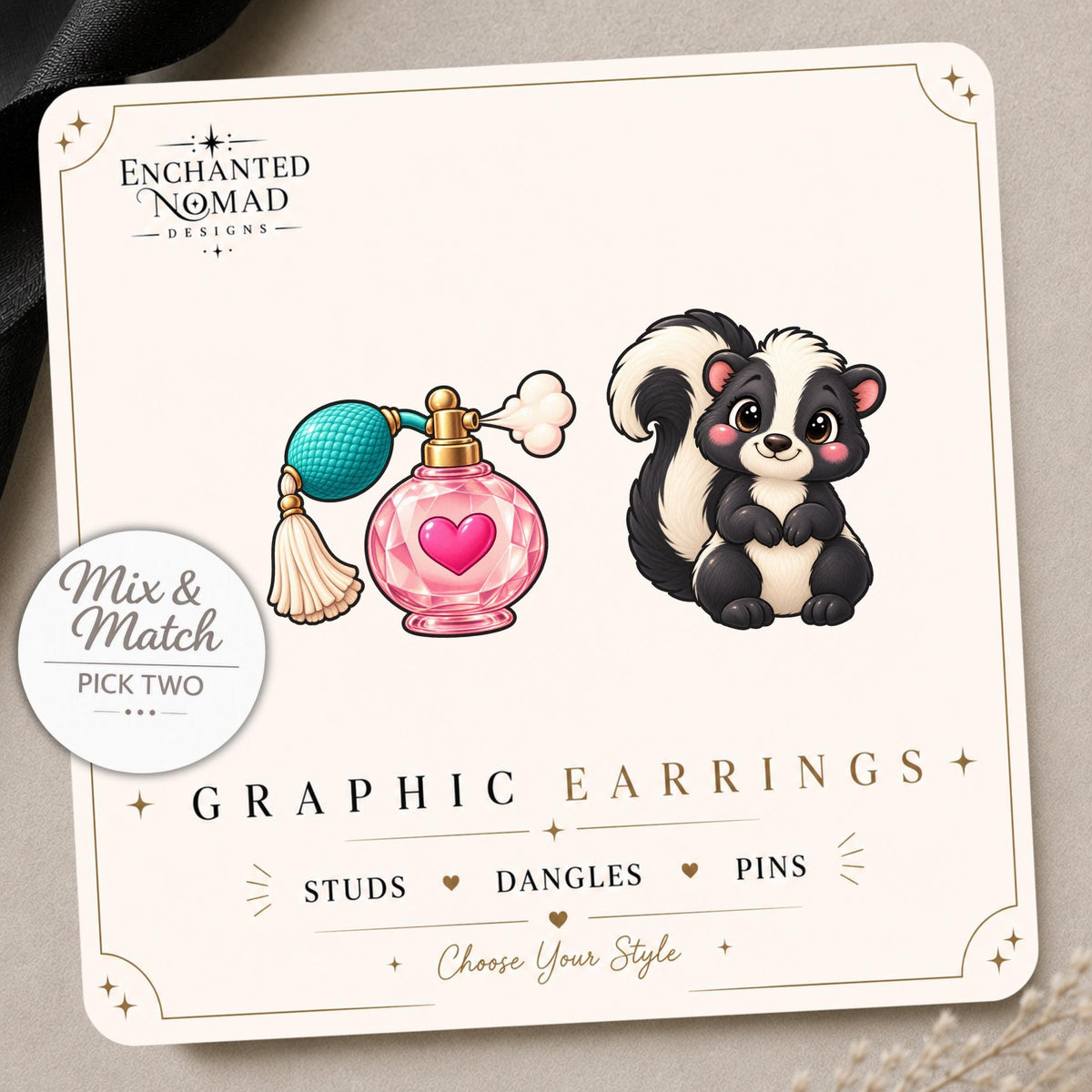 Skunk and Perfume Earrings & Pins on a display card
