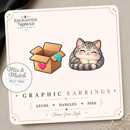 Cat and Box Earrings & Pins on a display card