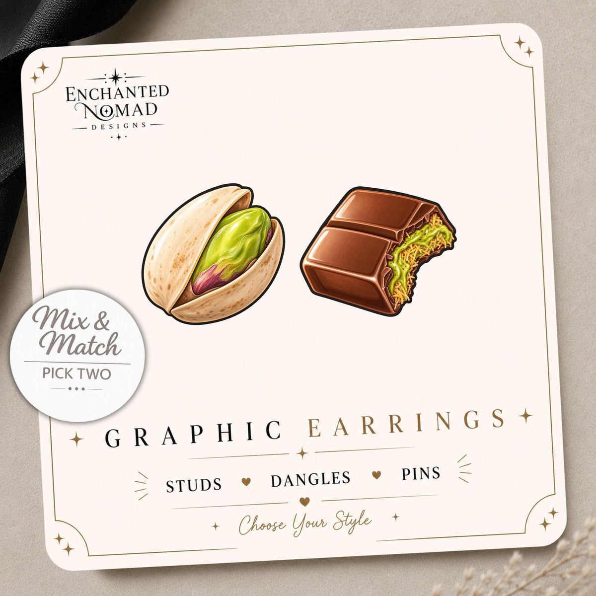 Pistachio and Chocolate Earrings & Pins on a display card