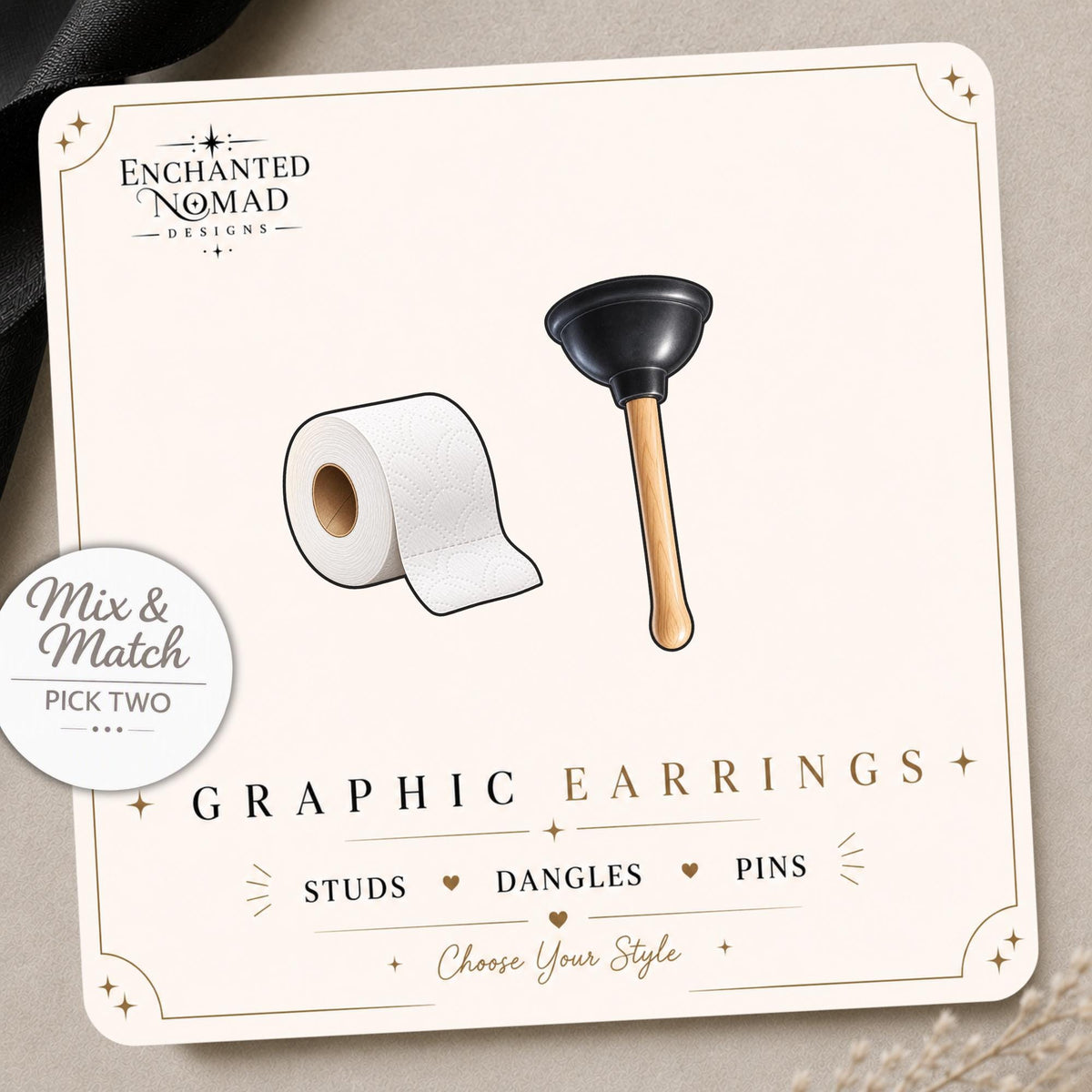 Toilet Paper and Plunger Earrings & Pins on a display card