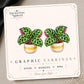 Striped Planter Prayer Plant graphic earrings and pins on a display card