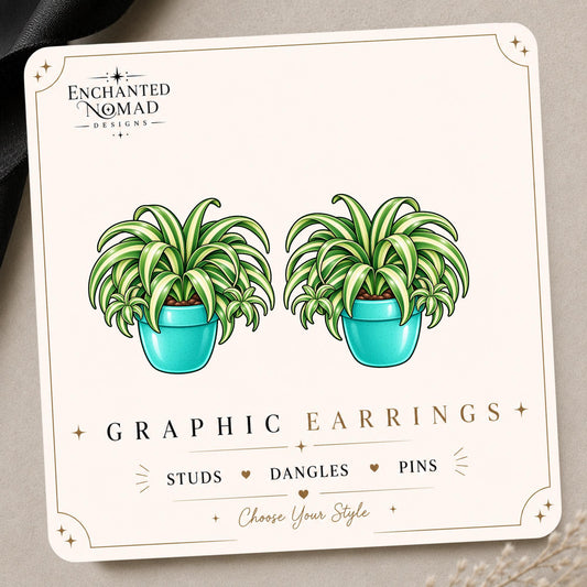 Spider Plant graphic earrings and pins on a display card