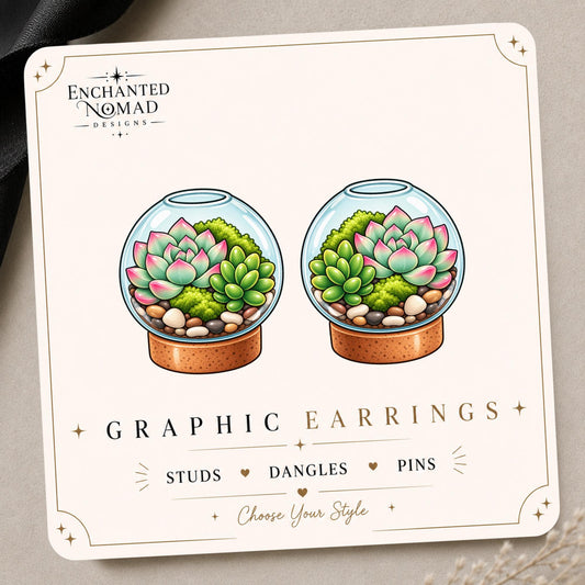 Succulent Terrarium graphic earrings and pins on a display card