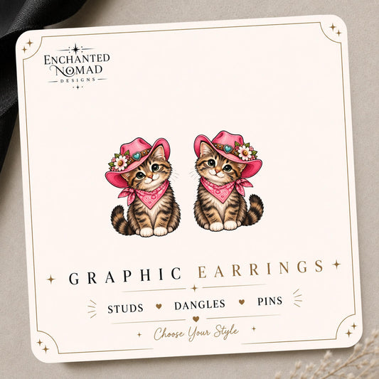 Pink Cowboy Hat Kitten Earrings & Pins