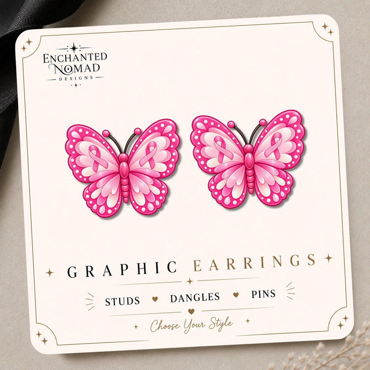 Pink Awareness Butterfly Earrings & Pins on original display card