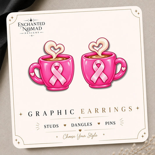 Pink Ribbon Coffee Cup Earrings & Pins on original display card