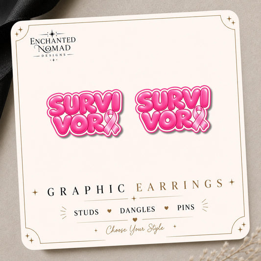Pink Ribbon Survivor Earrings & Pins on original display card