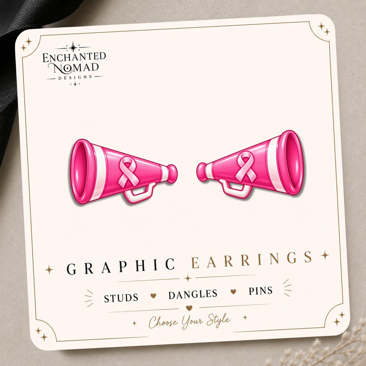 Pink Ribbon Megaphone Earrings & Pins on original display card